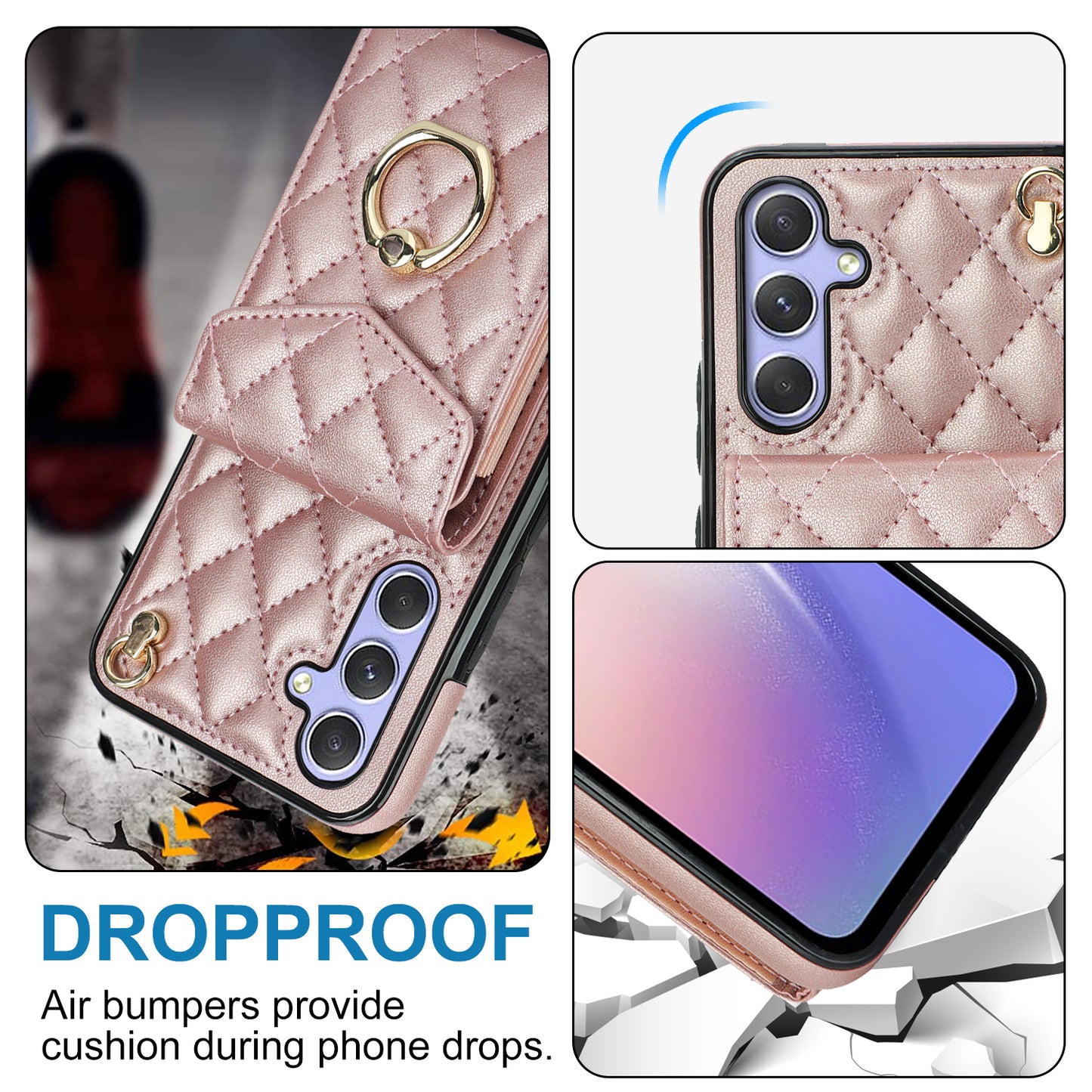 RFID Blocking Back Case for Samsung Galaxy A14 4G / 5G , PU Leather+TPU Ring Kickstand Multiple Card Slots Phone Cover