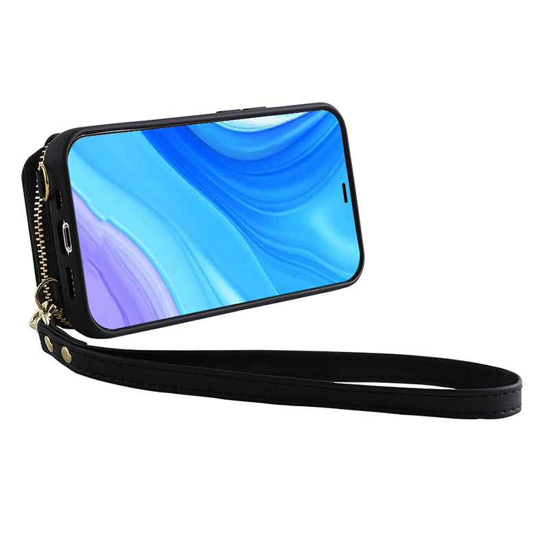 RFID Blocking Case for iPhone 15 Pro , Zipper Wallet Kickstand Leather Coated TPU Phone Cover