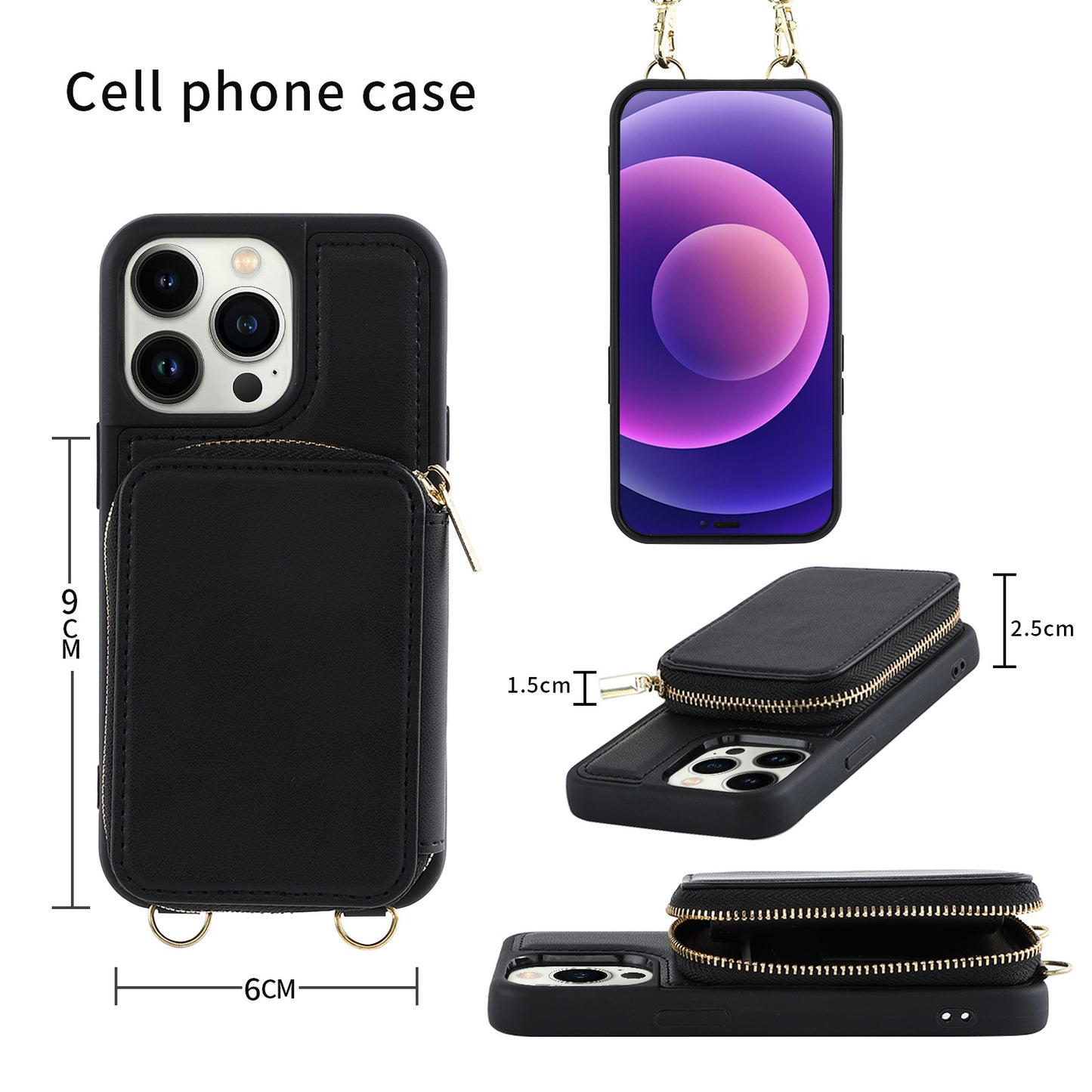 RFID Blocking Case for iPhone 15 Pro , Zipper Wallet Kickstand Leather Coated TPU Phone Cover