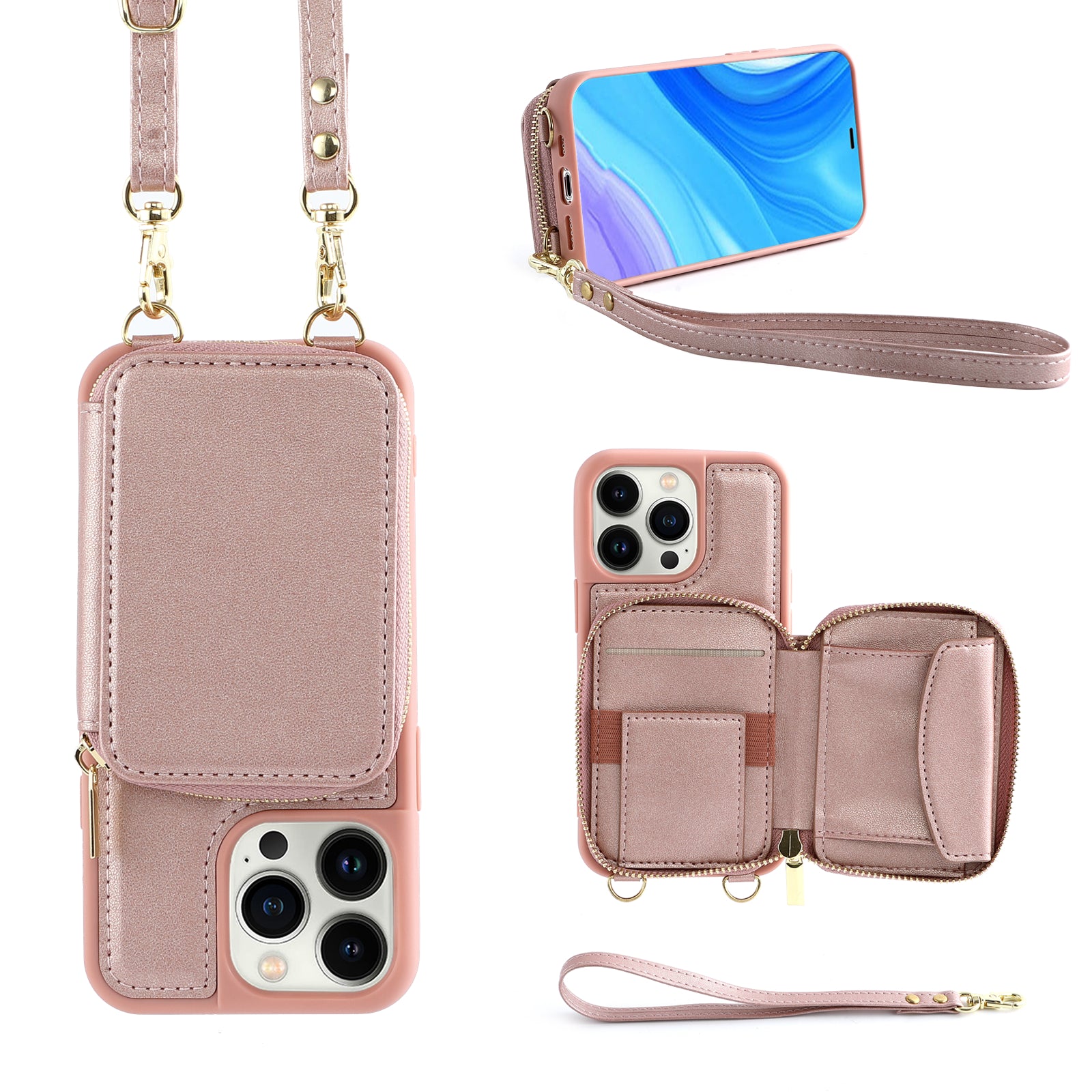 RFID Blocking Case for iPhone 15 Pro , Zipper Wallet Kickstand Leather Coated TPU Phone Cover