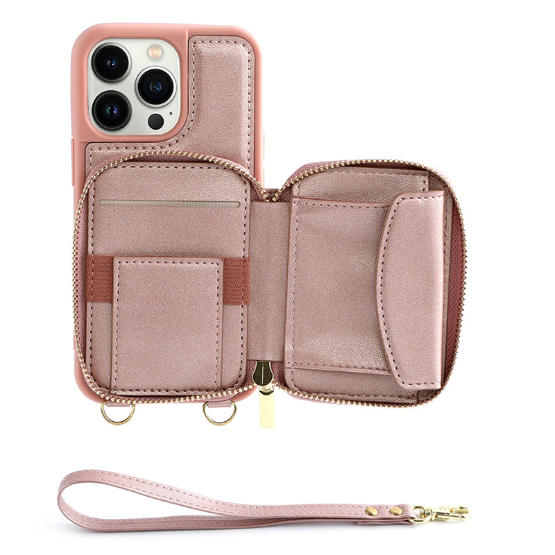 RFID Blocking Case for iPhone 15 Pro , Zipper Wallet Kickstand Leather Coated TPU Phone Cover