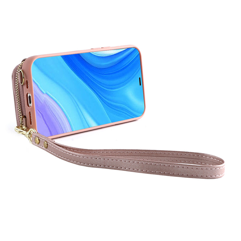RFID Blocking Case for iPhone 15 Pro , Zipper Wallet Kickstand Leather Coated TPU Phone Cover