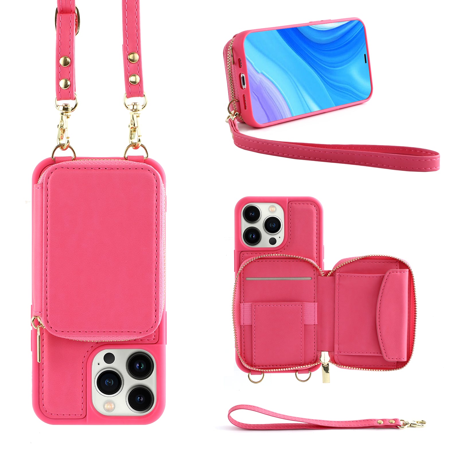 RFID Blocking Case for iPhone 15 Pro , Zipper Wallet Kickstand Leather Coated TPU Phone Cover