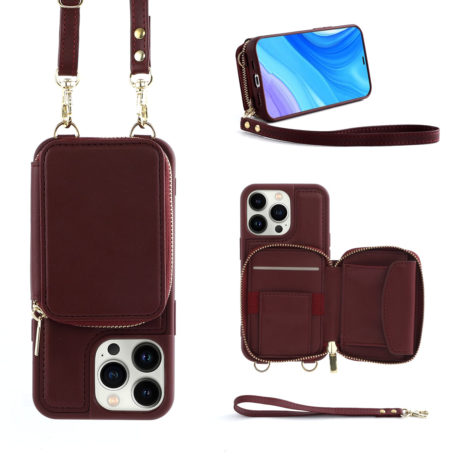RFID Blocking Case for iPhone 15 Pro , Zipper Wallet Kickstand Leather Coated TPU Phone Cover