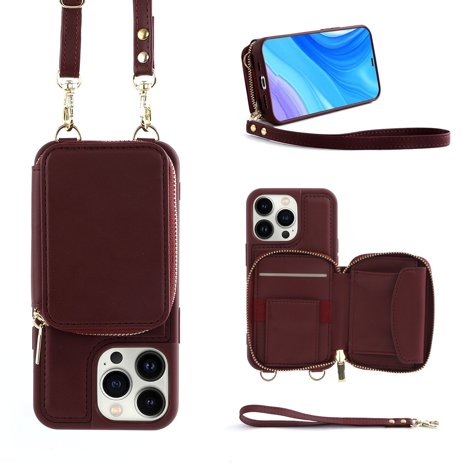 RFID Blocking Case for iPhone 15 Pro , Zipper Wallet Kickstand Leather Coated TPU Phone Cover