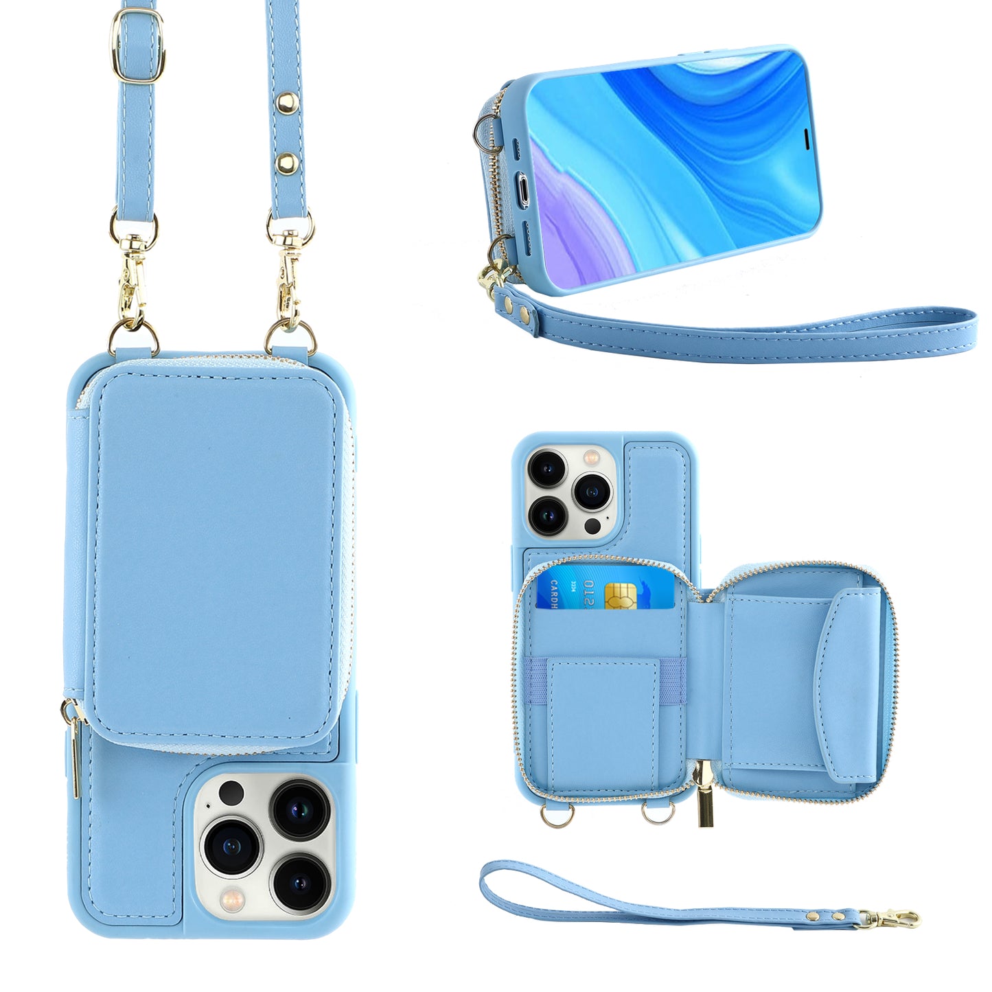 RFID Blocking Case for iPhone 15 Pro , Zipper Wallet Kickstand Leather Coated TPU Phone Cover