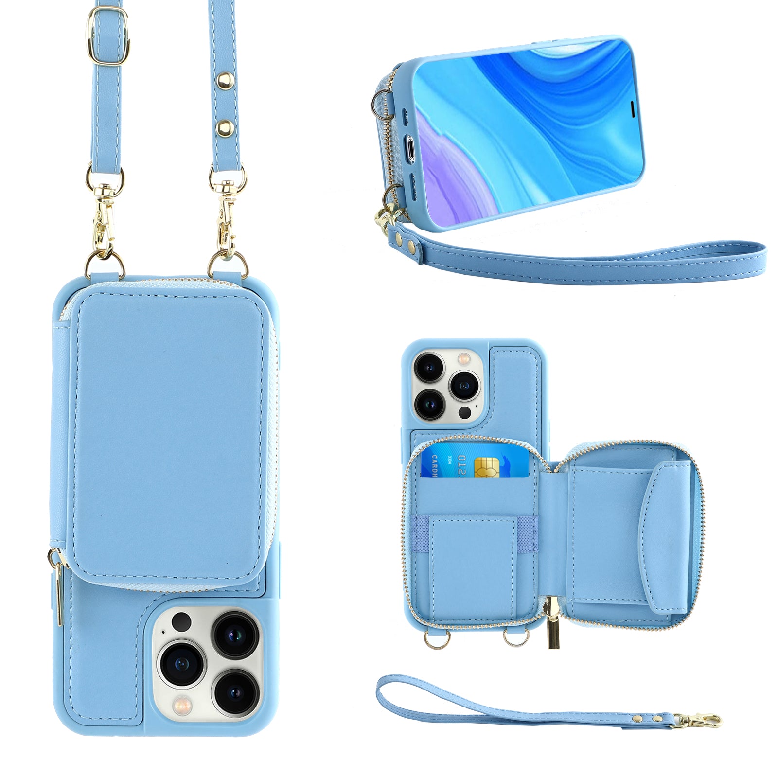 RFID Blocking Case for iPhone 15 Pro , Zipper Wallet Kickstand Leather Coated TPU Phone Cover