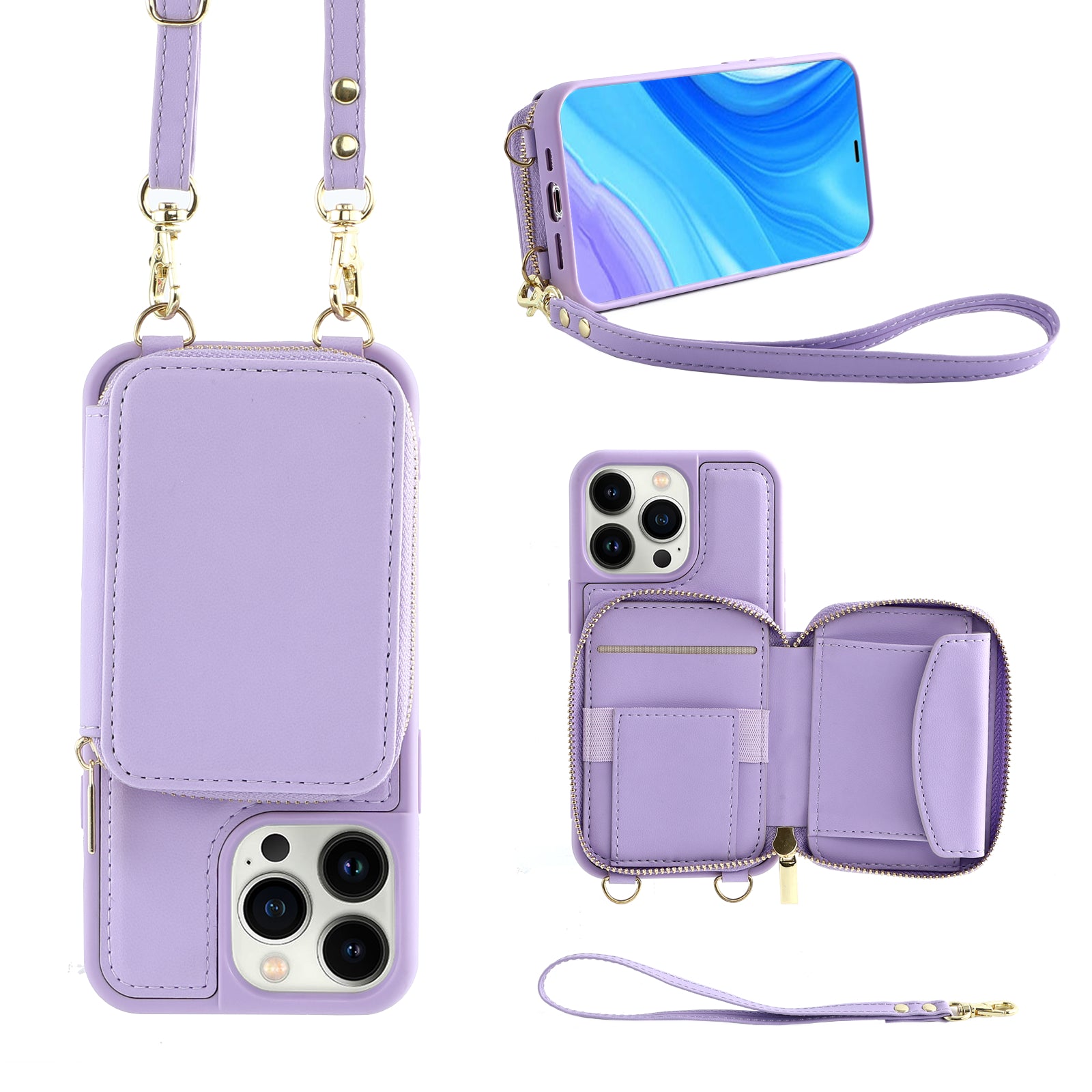 RFID Blocking Case for iPhone 15 Pro , Zipper Wallet Kickstand Leather Coated TPU Phone Cover