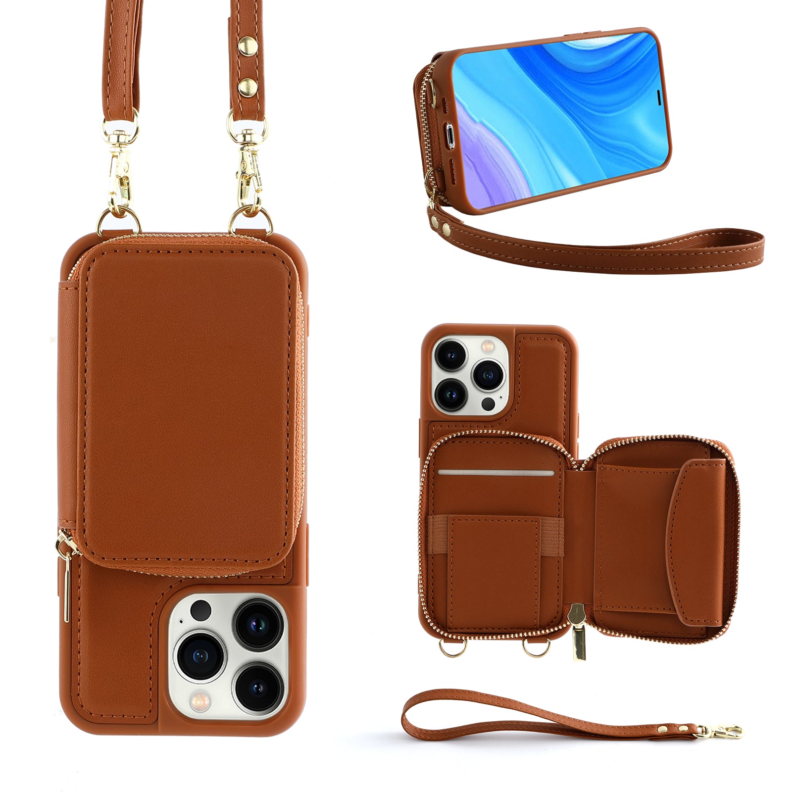 RFID Blocking Case for iPhone 15 Pro , Zipper Wallet Kickstand Leather Coated TPU Phone Cover