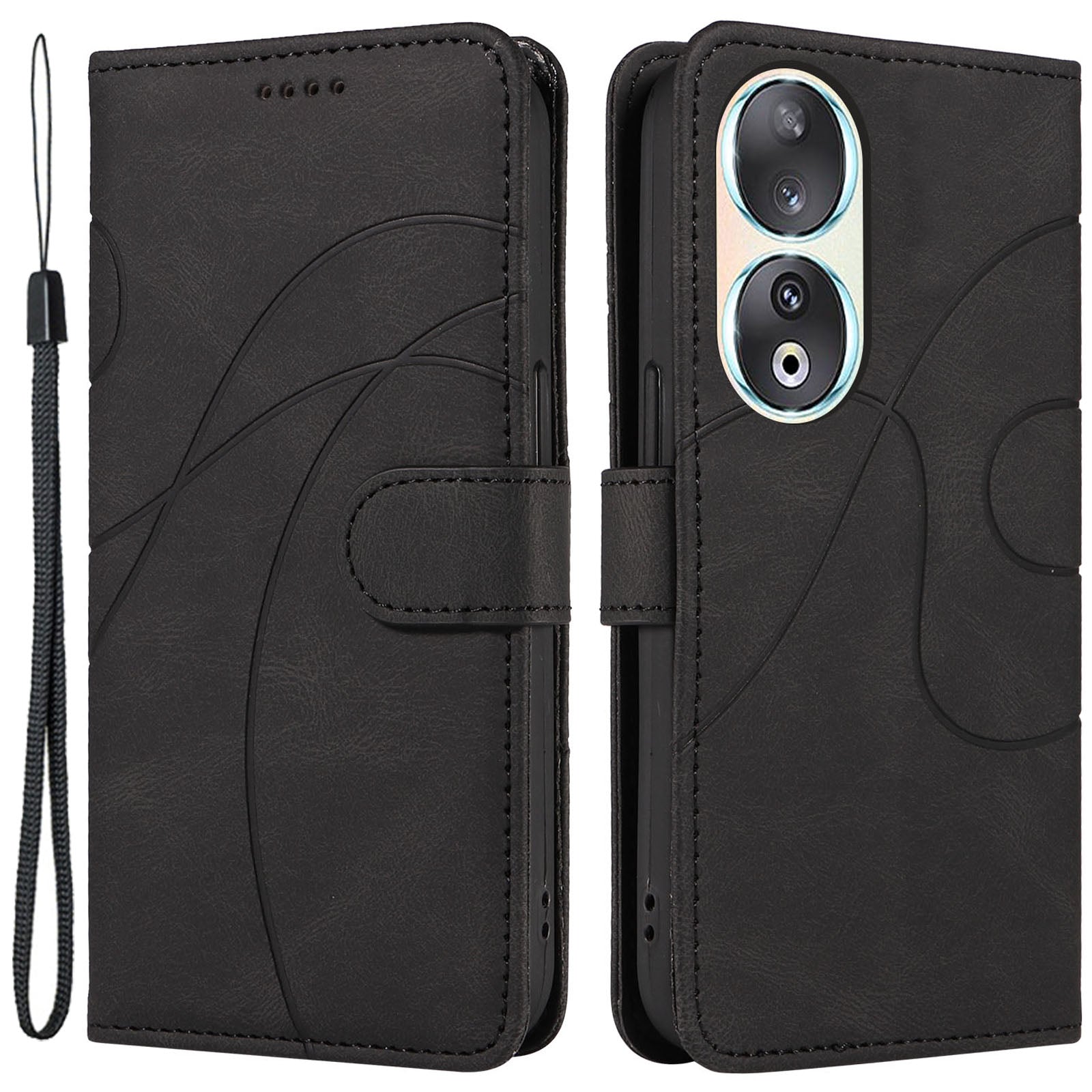 For Honor 90 Anti-Scratch PU Leather Shell Imprinted Curved Line Wallet Stand Cell Phone Case