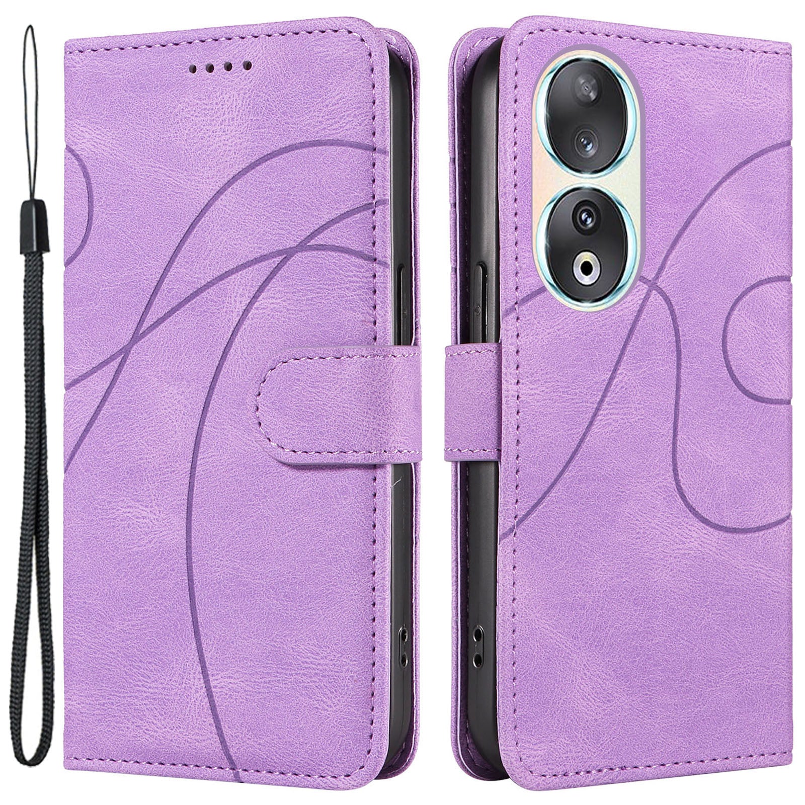 For Honor 90 Anti-Scratch PU Leather Shell Imprinted Curved Line Wallet Stand Cell Phone Case
