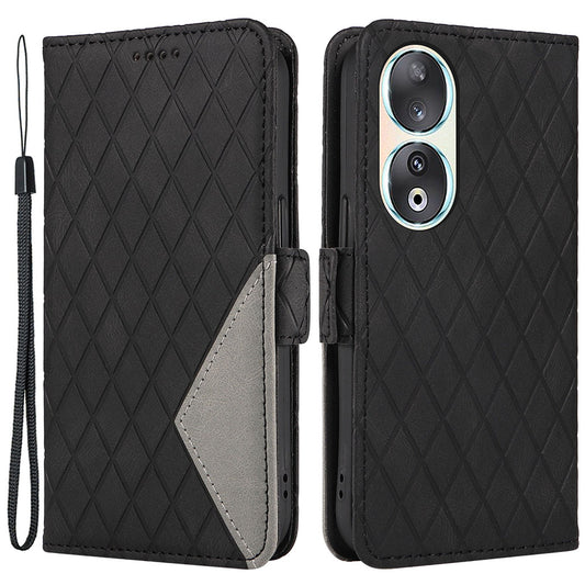 For Honor 90 Splicing PU Leather Phone Case Rhombus Imprinted Flip Stand Wallet Cover