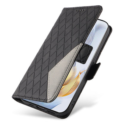 For Honor 90 Splicing PU Leather Phone Case Rhombus Imprinted Flip Stand Wallet Cover
