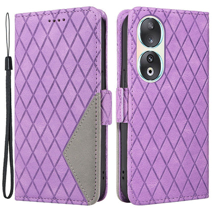 For Honor 90 Splicing PU Leather Phone Case Rhombus Imprinted Flip Stand Wallet Cover