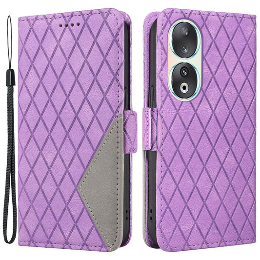 For Honor 90 Splicing PU Leather Phone Case Rhombus Imprinted Flip Stand Wallet Cover