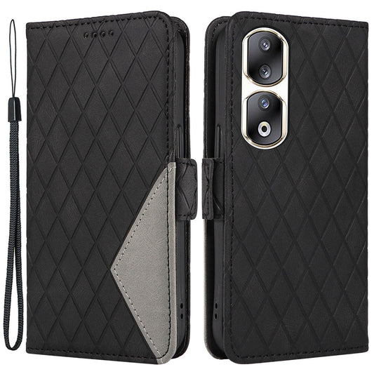 For Honor 90 Pro Rhombus Imprinted Cover Splicing Leather Stand Wallet Phone Case