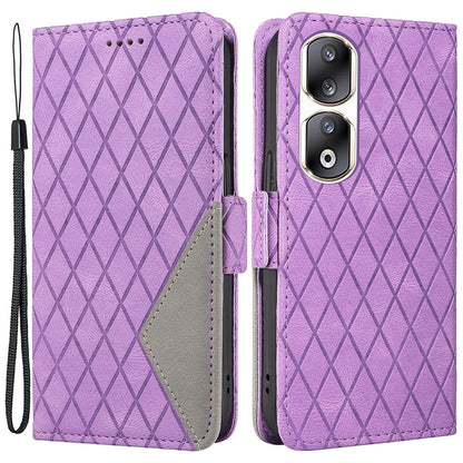 For Honor 90 Pro Rhombus Imprinted Cover Splicing Leather Stand Wallet Phone Case