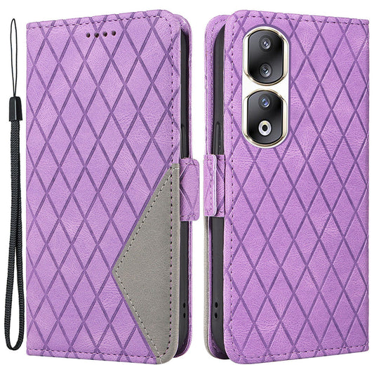 For Honor 90 Pro Rhombus Imprinted Cover Splicing Leather Stand Wallet Phone Case