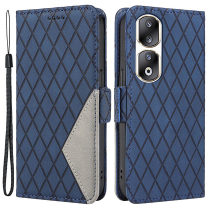 For Honor 90 Pro Rhombus Imprinted Cover Splicing Leather Stand Wallet Phone Case