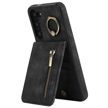 RFID Blocking Kickstand Phone Case for Samsung Galaxy S23+ Retro PU+TPU Zippered Wallet Phone Cover