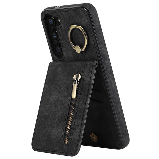 RFID Blocking Kickstand Phone Case for Samsung Galaxy S23+ Retro PU+TPU Zippered Wallet Phone Cover