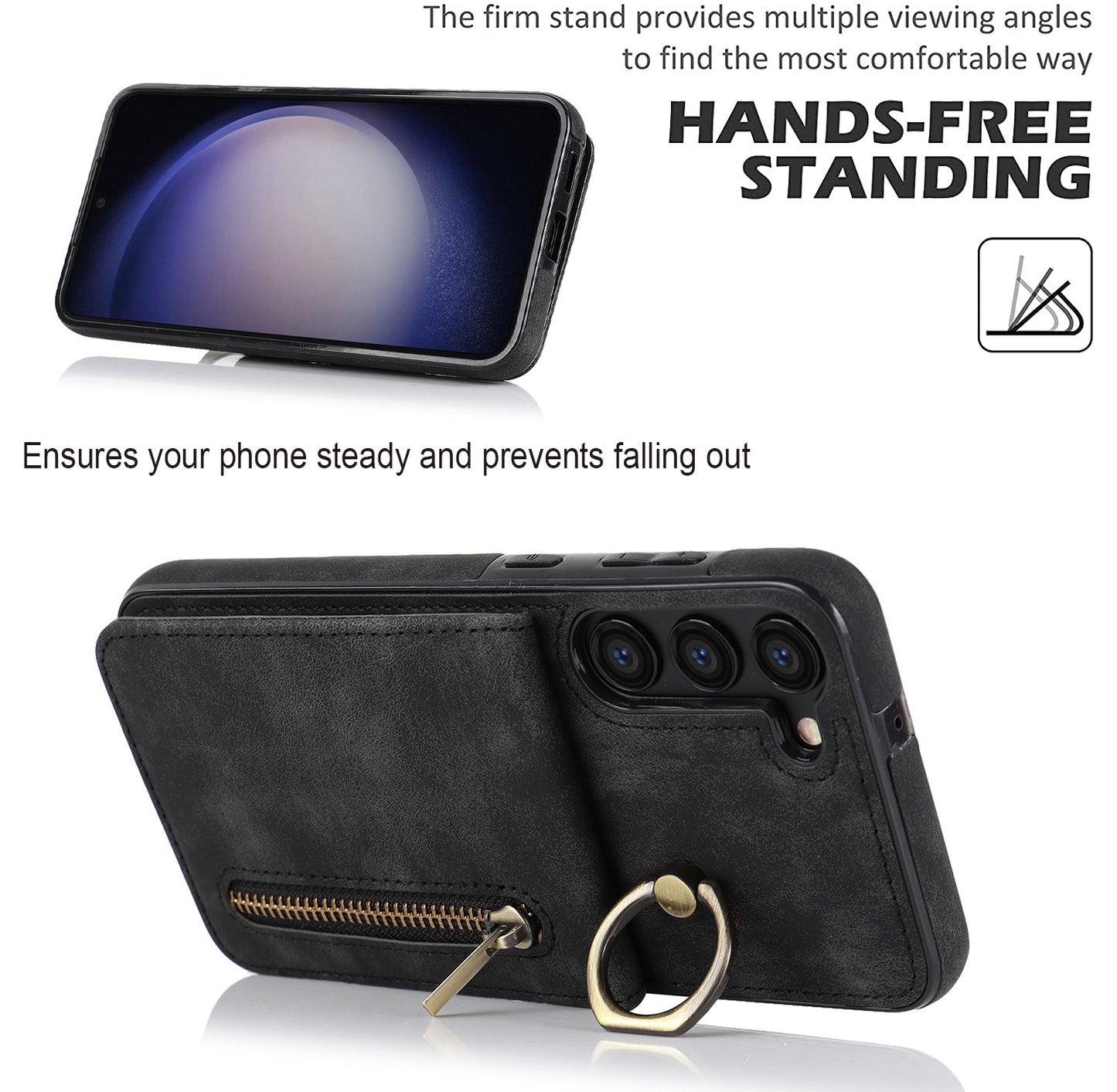 RFID Blocking Kickstand Phone Case for Samsung Galaxy S23+ Retro PU+TPU Zippered Wallet Phone Cover