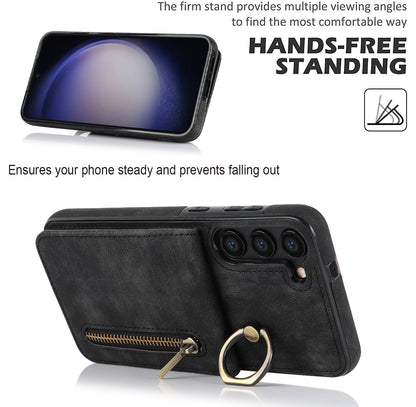 RFID Blocking Kickstand Phone Case for Samsung Galaxy S23+ Retro PU+TPU Zippered Wallet Phone Cover