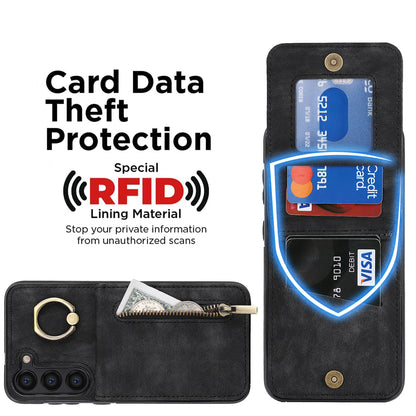 RFID Blocking Kickstand Phone Case for Samsung Galaxy S23+ Retro PU+TPU Zippered Wallet Phone Cover