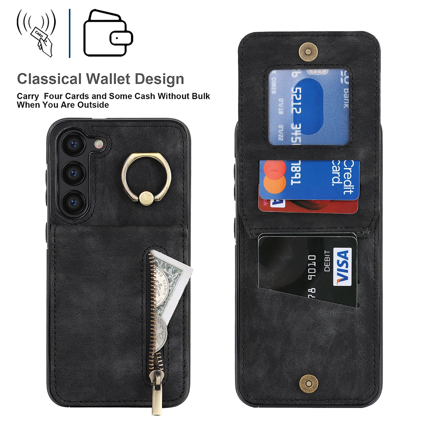 RFID Blocking Kickstand Phone Case for Samsung Galaxy S23+ Retro PU+TPU Zippered Wallet Phone Cover