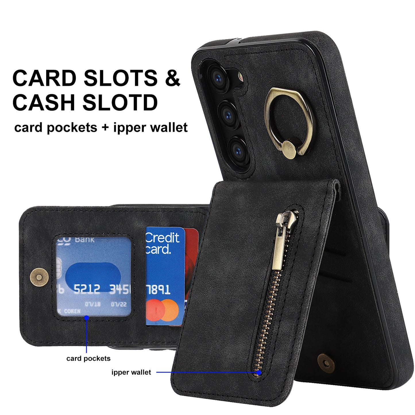 RFID Blocking Kickstand Phone Case for Samsung Galaxy S23+ Retro PU+TPU Zippered Wallet Phone Cover