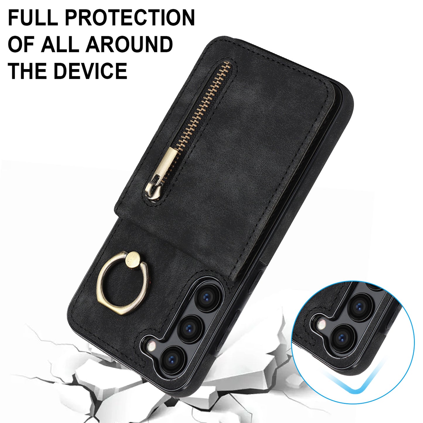 RFID Blocking Kickstand Phone Case for Samsung Galaxy S23+ Retro PU+TPU Zippered Wallet Phone Cover