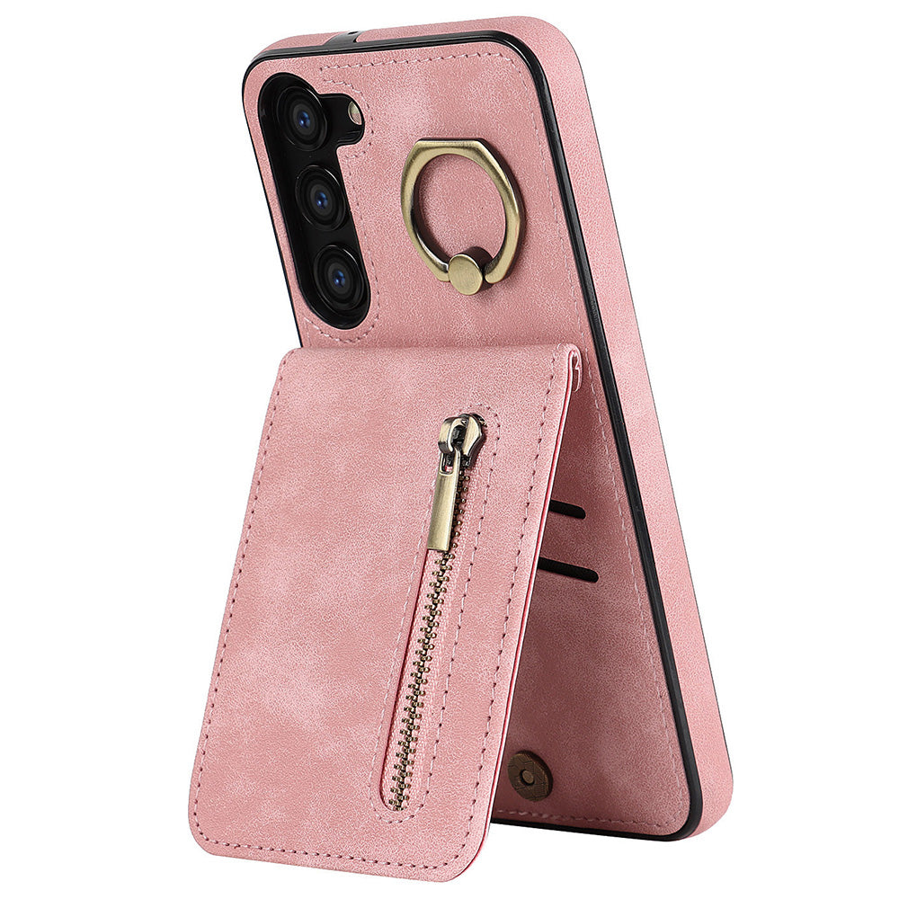 RFID Blocking Kickstand Phone Case for Samsung Galaxy S23+ Retro PU+TPU Zippered Wallet Phone Cover