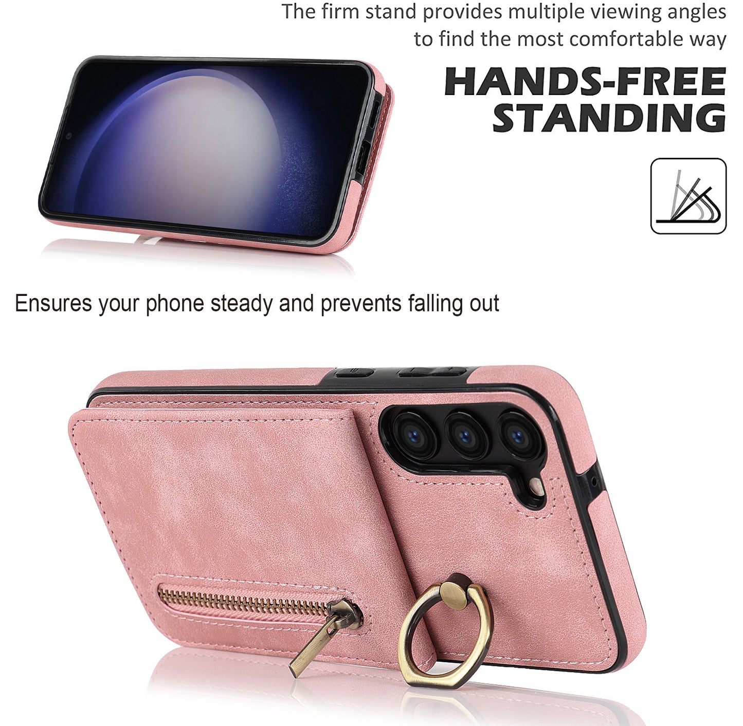 RFID Blocking Kickstand Phone Case for Samsung Galaxy S23+ Retro PU+TPU Zippered Wallet Phone Cover