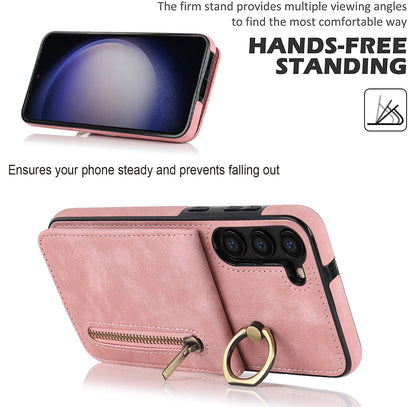 RFID Blocking Kickstand Phone Case for Samsung Galaxy S23+ Retro PU+TPU Zippered Wallet Phone Cover