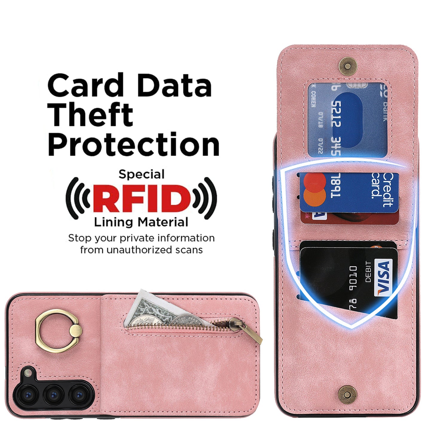 RFID Blocking Kickstand Phone Case for Samsung Galaxy S23+ Retro PU+TPU Zippered Wallet Phone Cover