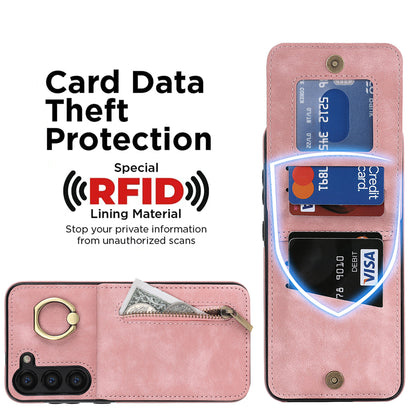 RFID Blocking Kickstand Phone Case for Samsung Galaxy S23+ Retro PU+TPU Zippered Wallet Phone Cover