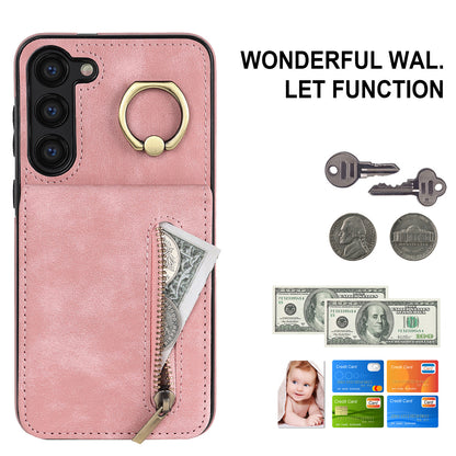 RFID Blocking Kickstand Phone Case for Samsung Galaxy S23+ Retro PU+TPU Zippered Wallet Phone Cover