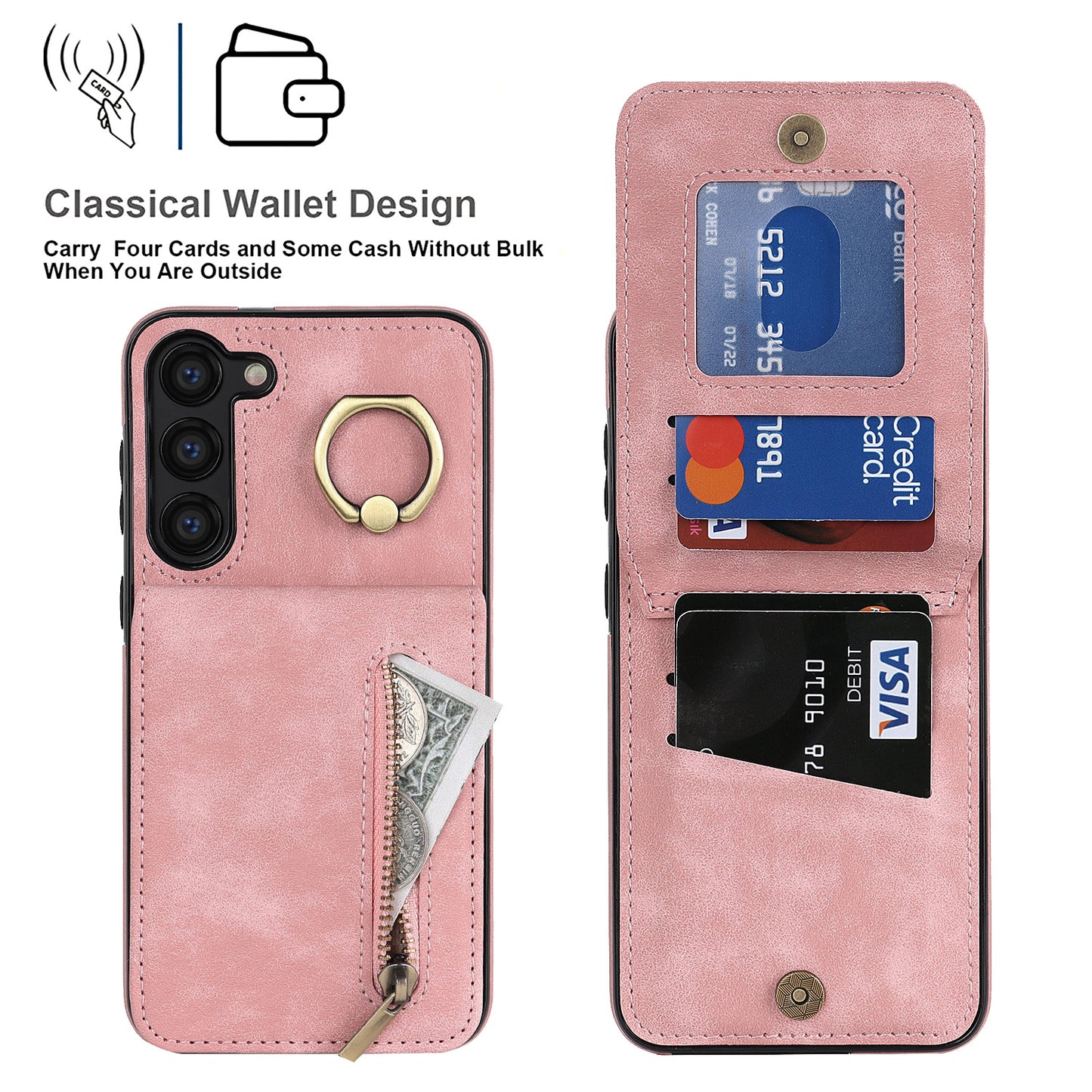 RFID Blocking Kickstand Phone Case for Samsung Galaxy S23+ Retro PU+TPU Zippered Wallet Phone Cover