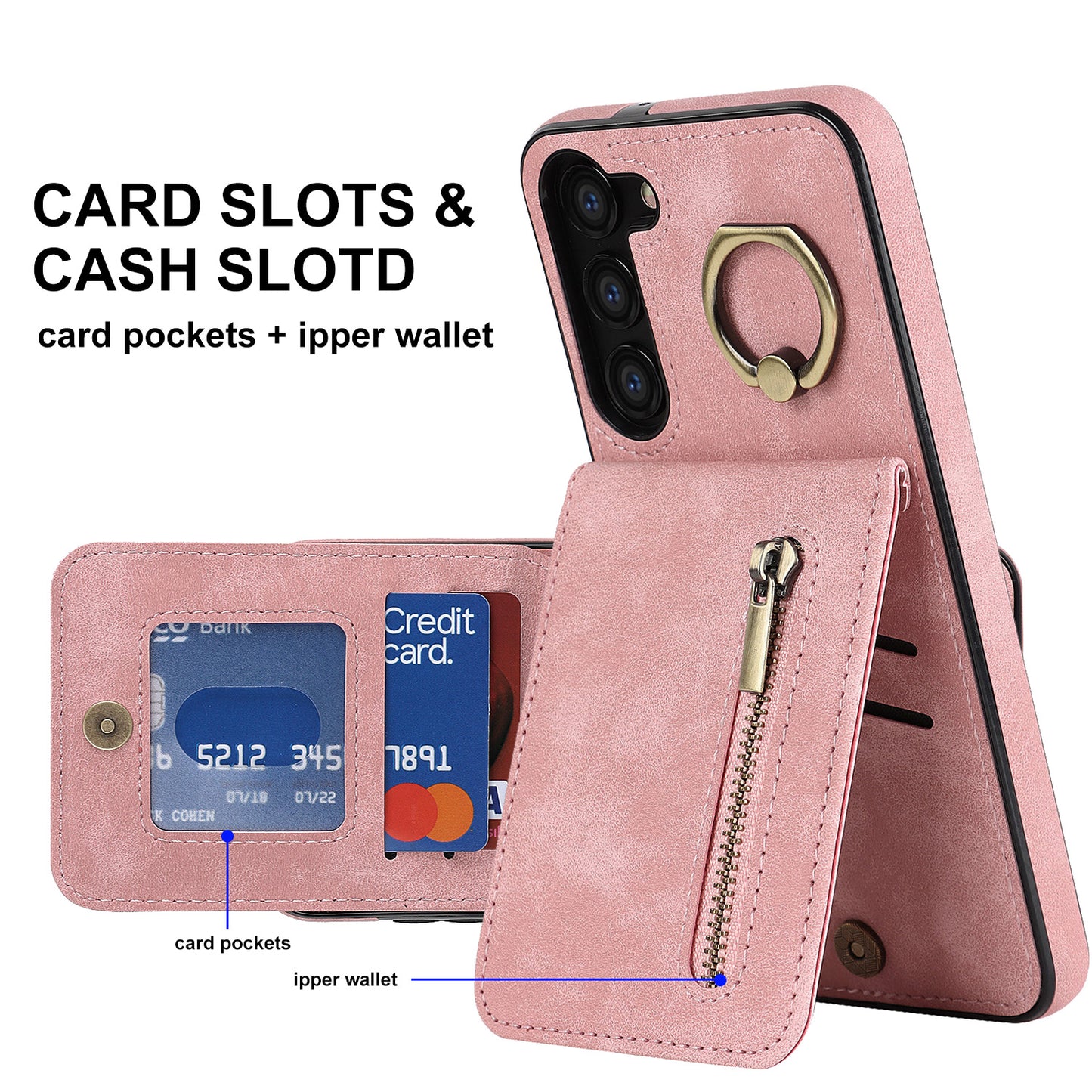 RFID Blocking Kickstand Phone Case for Samsung Galaxy S23+ Retro PU+TPU Zippered Wallet Phone Cover