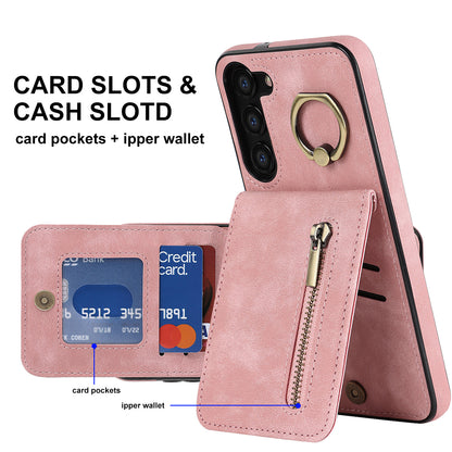 RFID Blocking Kickstand Phone Case for Samsung Galaxy S23+ Retro PU+TPU Zippered Wallet Phone Cover