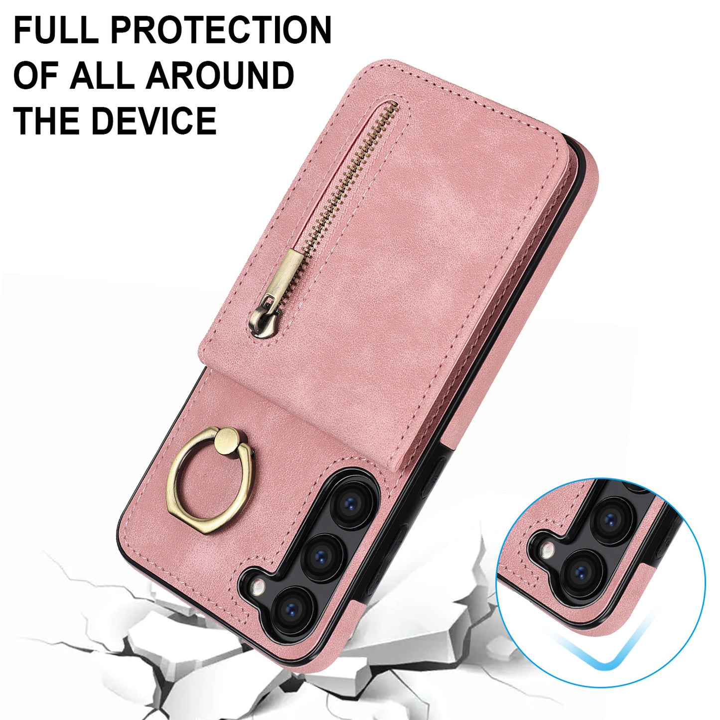 RFID Blocking Kickstand Phone Case for Samsung Galaxy S23+ Retro PU+TPU Zippered Wallet Phone Cover
