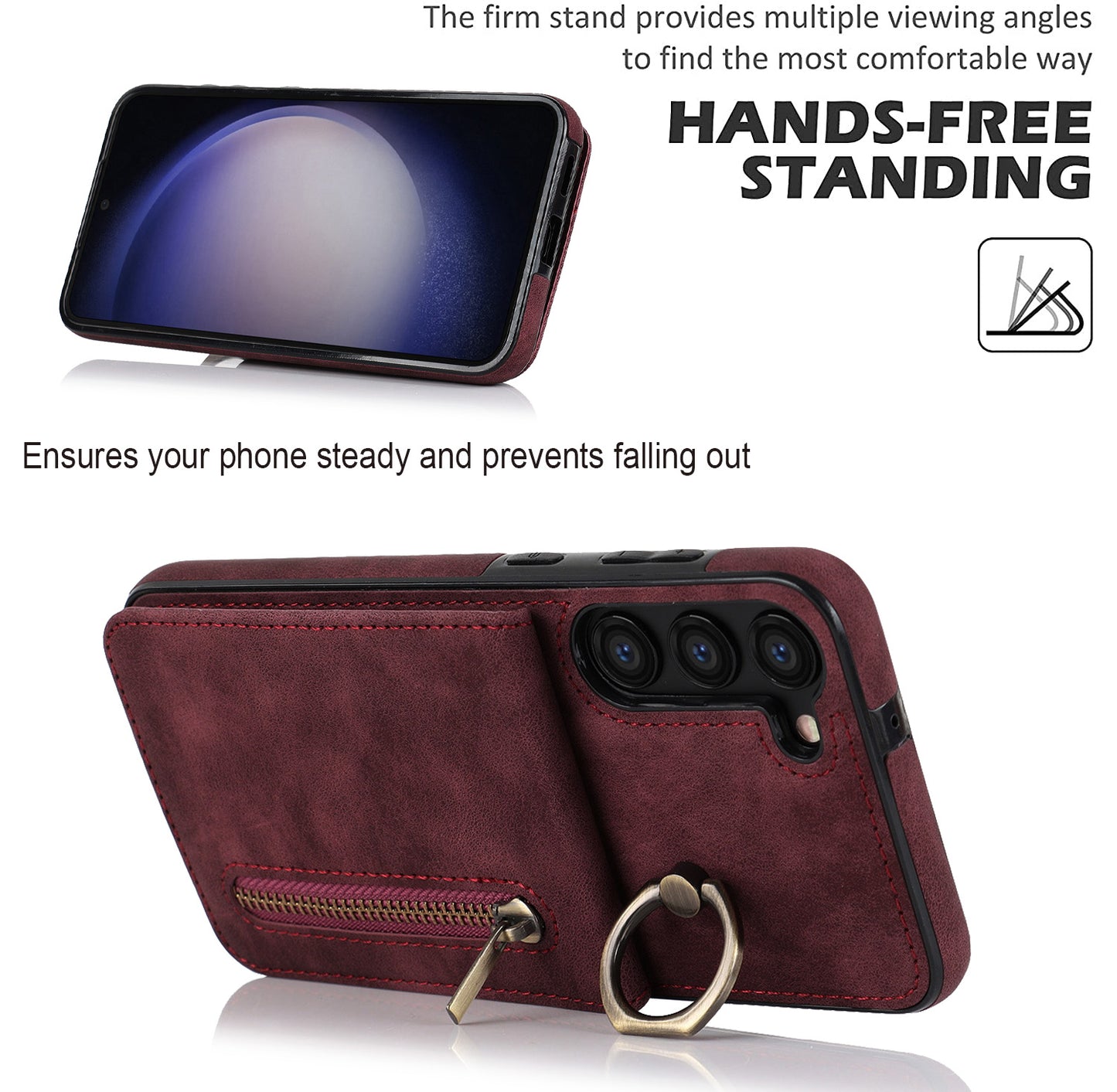 RFID Blocking Kickstand Phone Case for Samsung Galaxy S23+ Retro PU+TPU Zippered Wallet Phone Cover