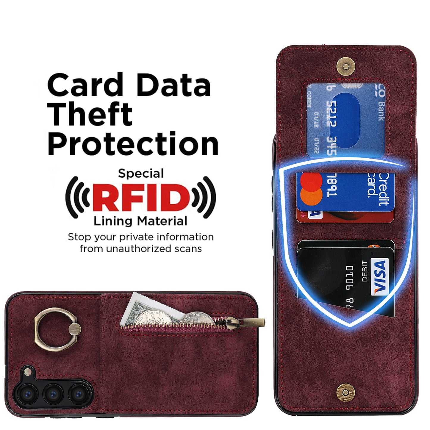 RFID Blocking Kickstand Phone Case for Samsung Galaxy S23+ Retro PU+TPU Zippered Wallet Phone Cover