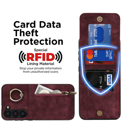 RFID Blocking Kickstand Phone Case for Samsung Galaxy S23+ Retro PU+TPU Zippered Wallet Phone Cover
