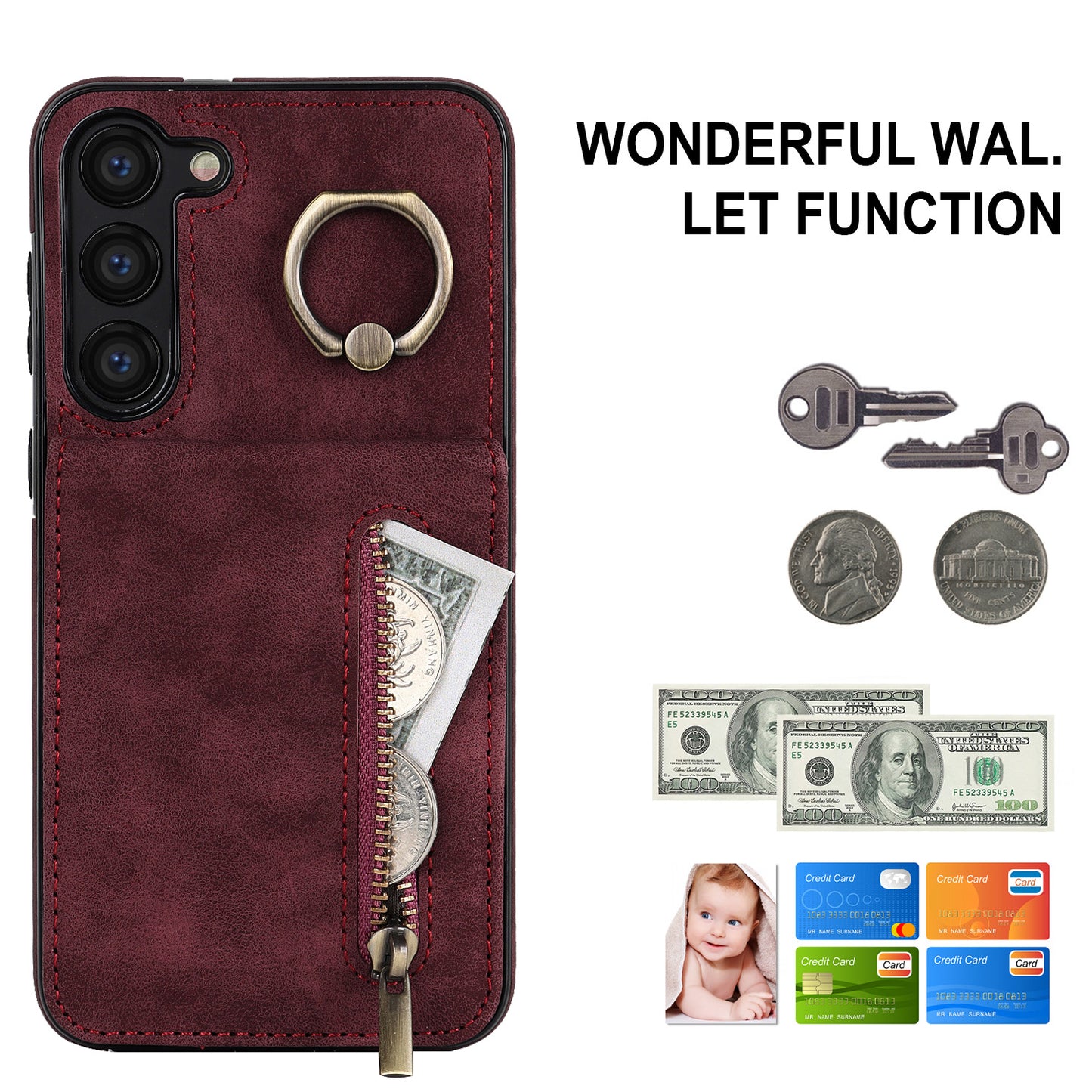 RFID Blocking Kickstand Phone Case for Samsung Galaxy S23+ Retro PU+TPU Zippered Wallet Phone Cover