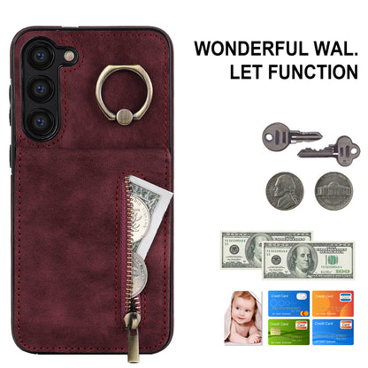RFID Blocking Kickstand Phone Case for Samsung Galaxy S23+ Retro PU+TPU Zippered Wallet Phone Cover