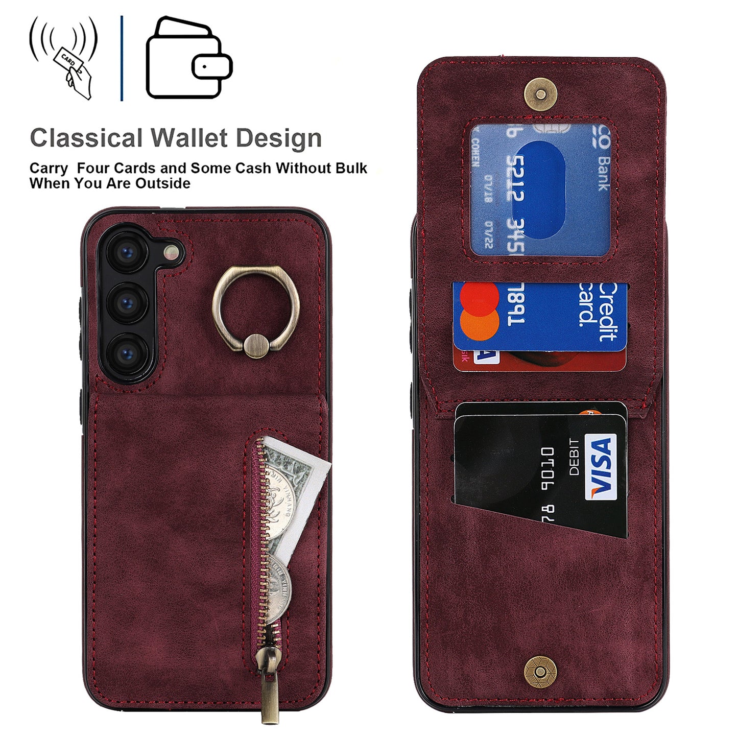 RFID Blocking Kickstand Phone Case for Samsung Galaxy S23+ Retro PU+TPU Zippered Wallet Phone Cover