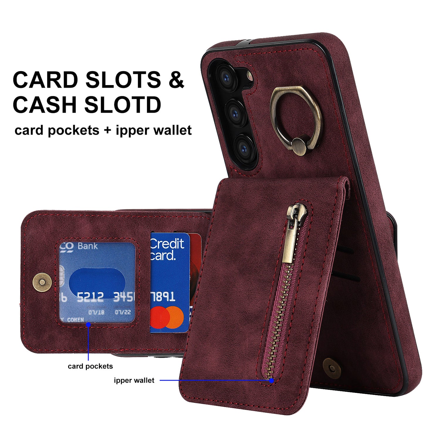 RFID Blocking Kickstand Phone Case for Samsung Galaxy S23+ Retro PU+TPU Zippered Wallet Phone Cover