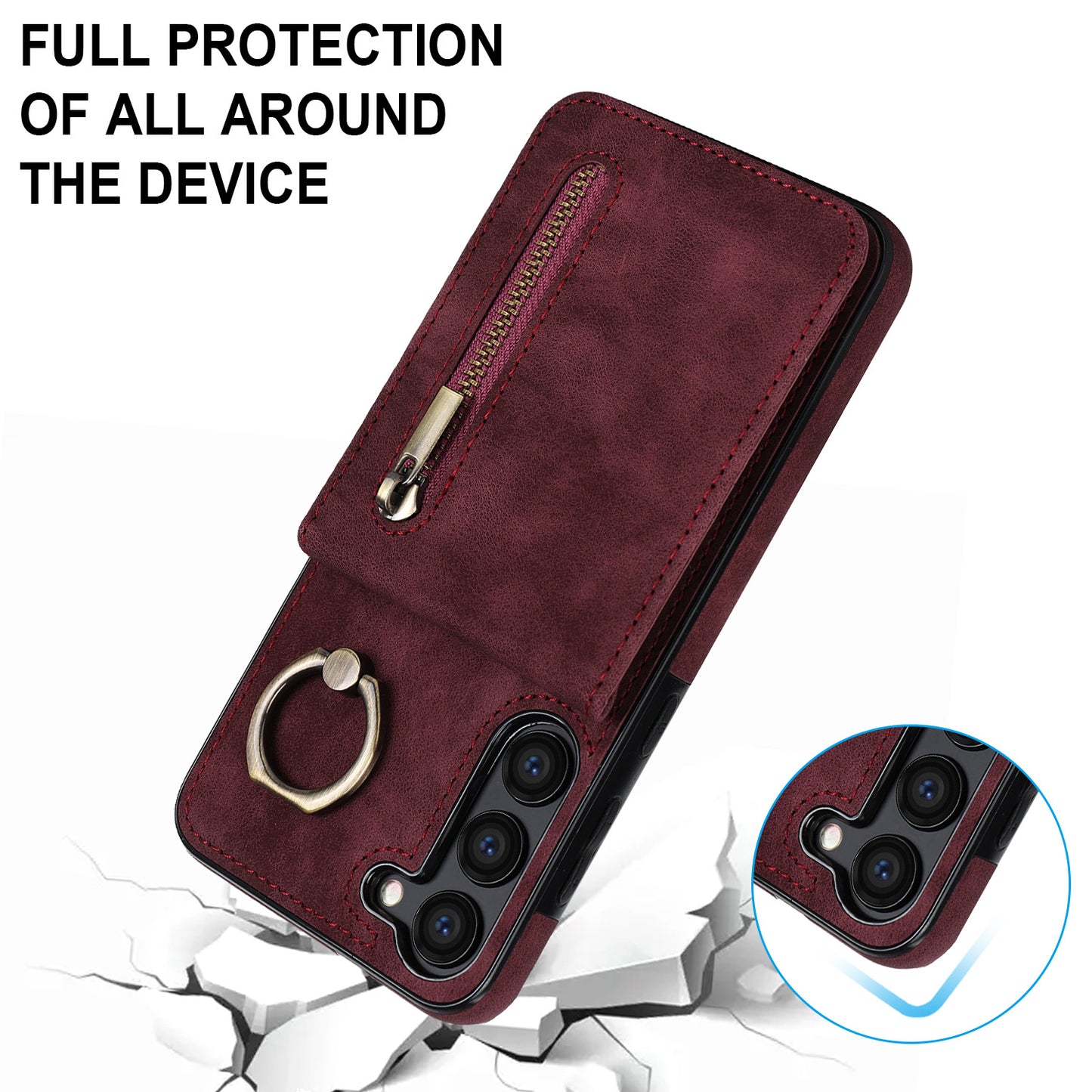 RFID Blocking Kickstand Phone Case for Samsung Galaxy S23+ Retro PU+TPU Zippered Wallet Phone Cover