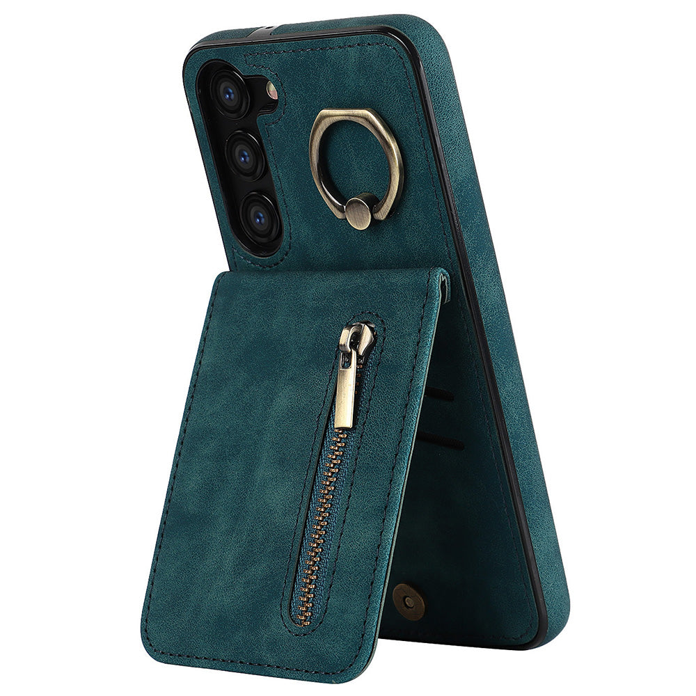 RFID Blocking Kickstand Phone Case for Samsung Galaxy S23+ Retro PU+TPU Zippered Wallet Phone Cover